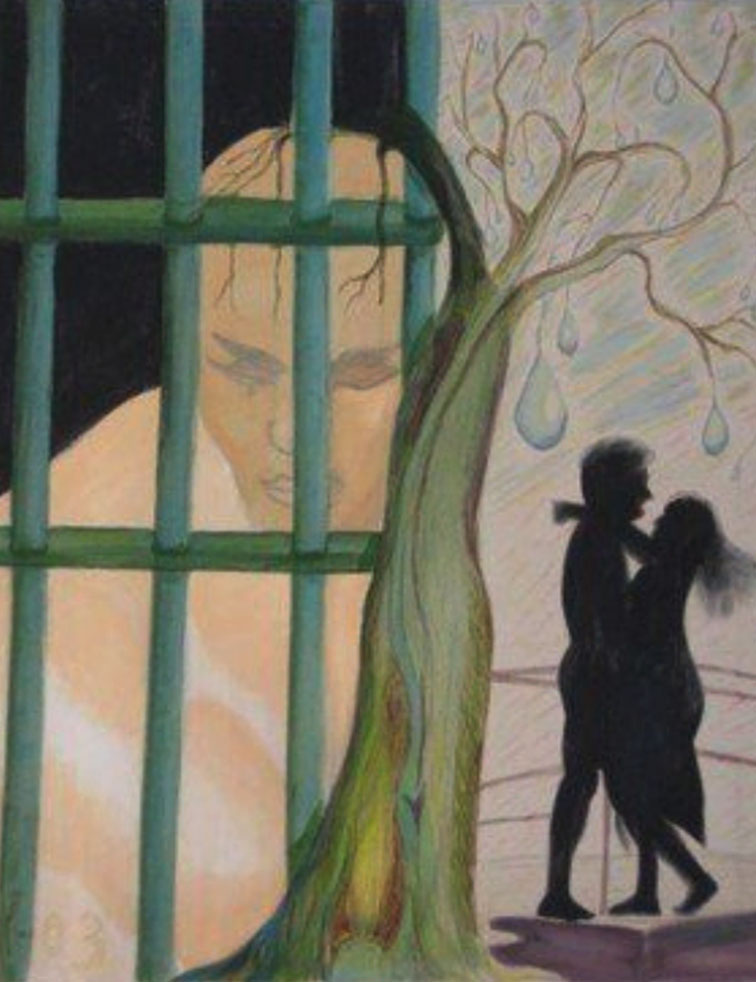 Figur hinter Gittern, Baum und umarmendes Paar.