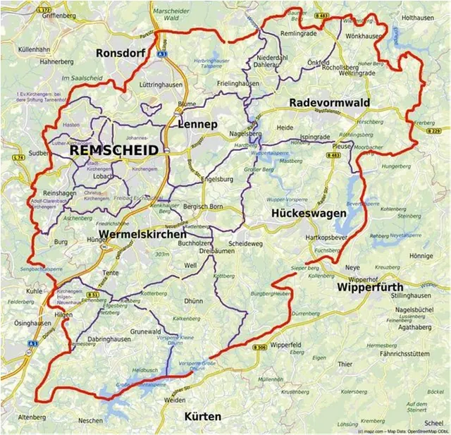 Karte mit Remscheid, Wermelskirchen u.a., roter Umriss markiert Region.