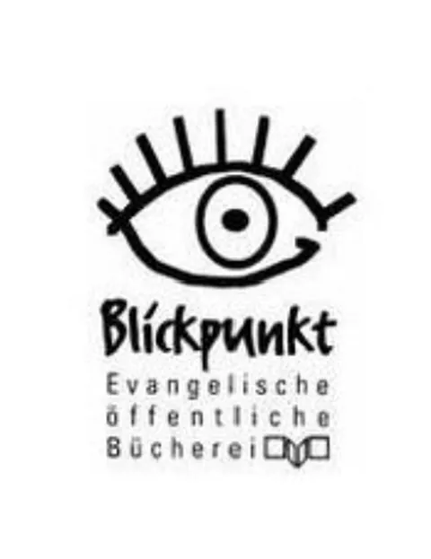 Schwarz-weißes Logo mit Auge über dem Text „Blickpunkt Evangelische öffentliche Bücherei“.