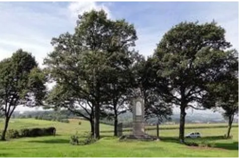 Landschaft mit Bäumen, Steinmonument und weißem Auto unter wolkigem Himmel.
