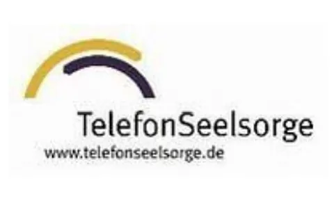 Logo mit gelber und violetter Bogenlinie über „TelefonSeelsorge“