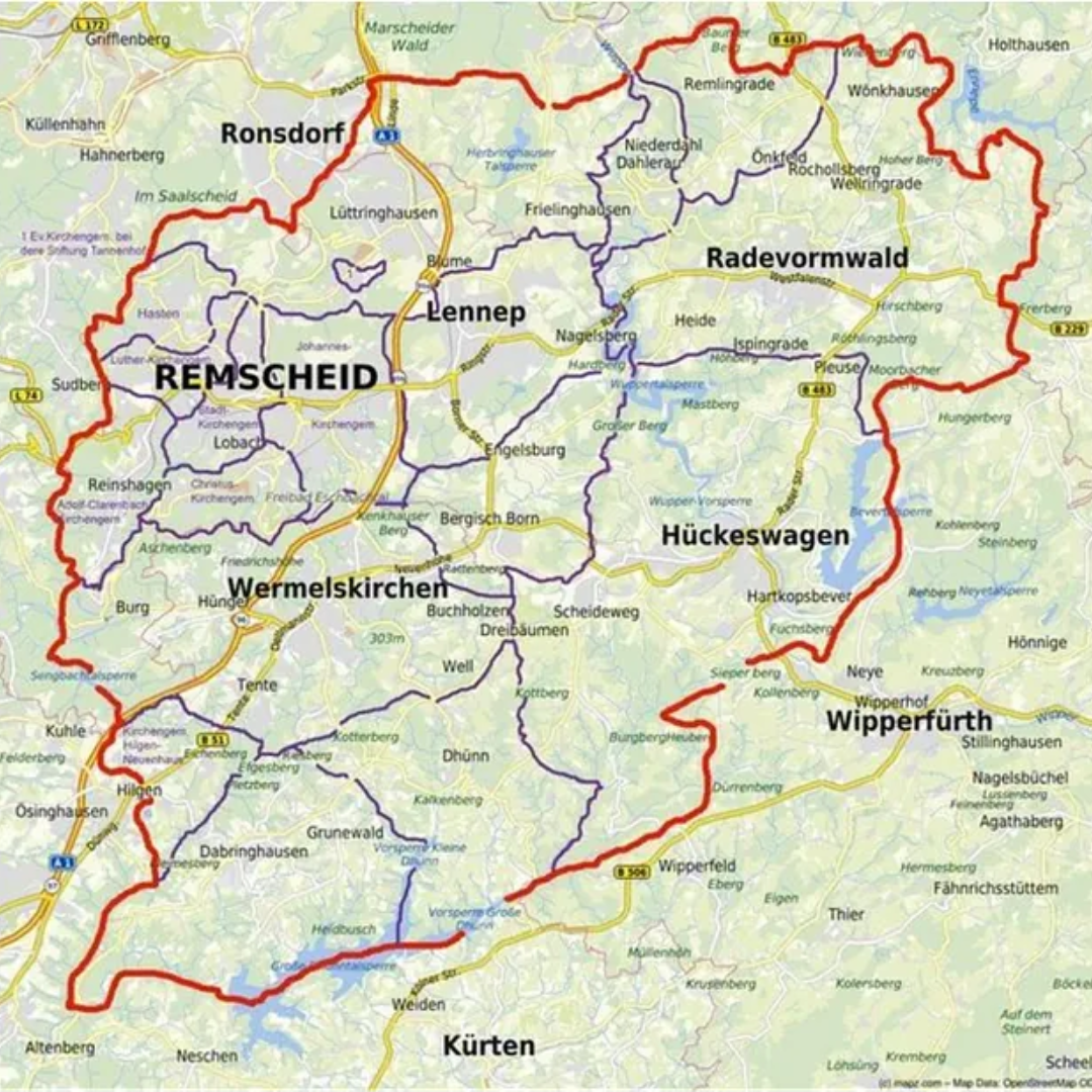 Geographische Karte des Kirchenkreises Lennep mit seinen Gemeinden